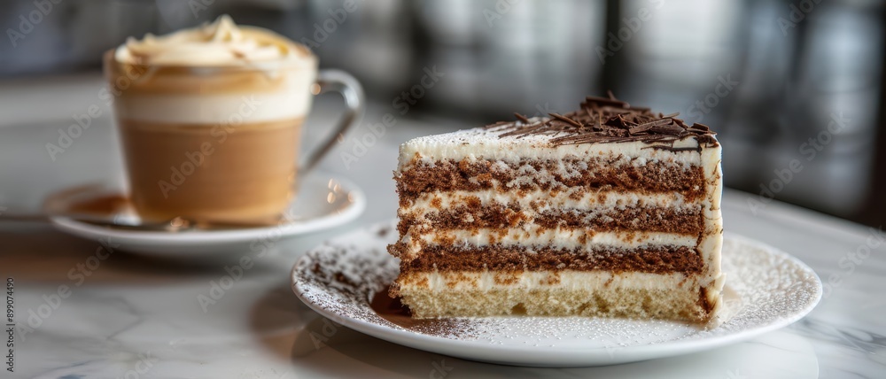 A slice of layered chocolate cake on a white plate, with a cup of coffee in the background. A slice of layered chocolate cake on a white plate, with a cup of coffee in the background.