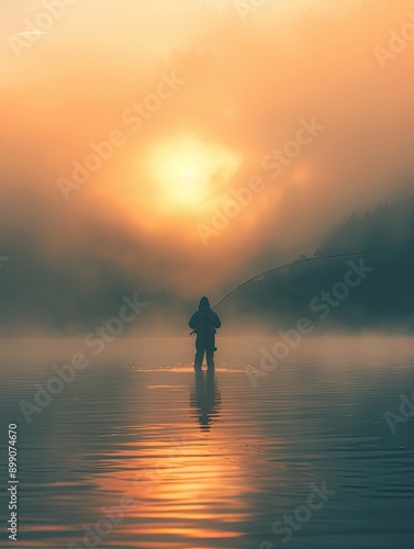 Fisher fishing on foggy sunrise.