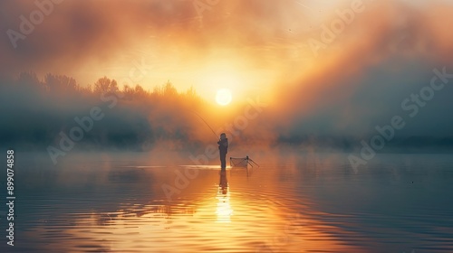 Fisher fishing on foggy sunrise.