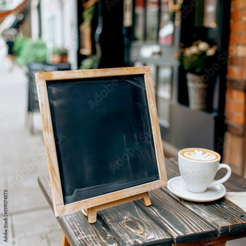 Charming cafe scene featuring a chalkboard sign and a cup of latte on a wooden table in a cozy outdoor setting. photo