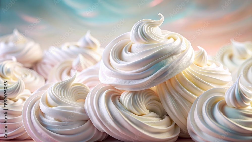Soft, airy swirls of white hair mousse or shaving foam against a pastel beauty background, showcasing delicate, intricate textures. Soft, airy swirls of white hair mousse or shaving foam against a pastel beauty background, showcasing delicate, intricate textures.