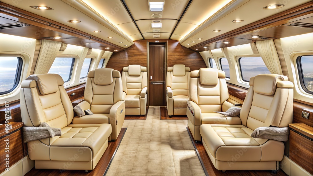 Obraz premium Luxurious spacious cabin with cream leather seats, polished wood accents, and intricate metal fixtures, set against a soft warm beige backdrop.