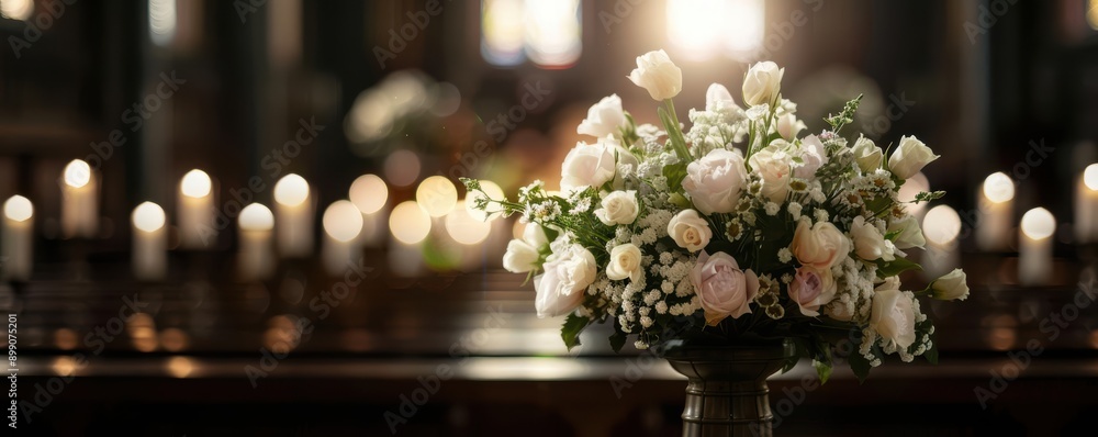 White roses in a vase on a table with candles in the background. White roses in a vase on a table with candles in the background.