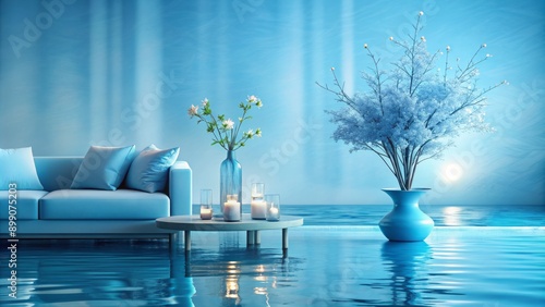 Soothing blue hue dominates serene atmosphere, accented by subtle textures, evoking feelings of calmness and sophistication in elegant setting. photo