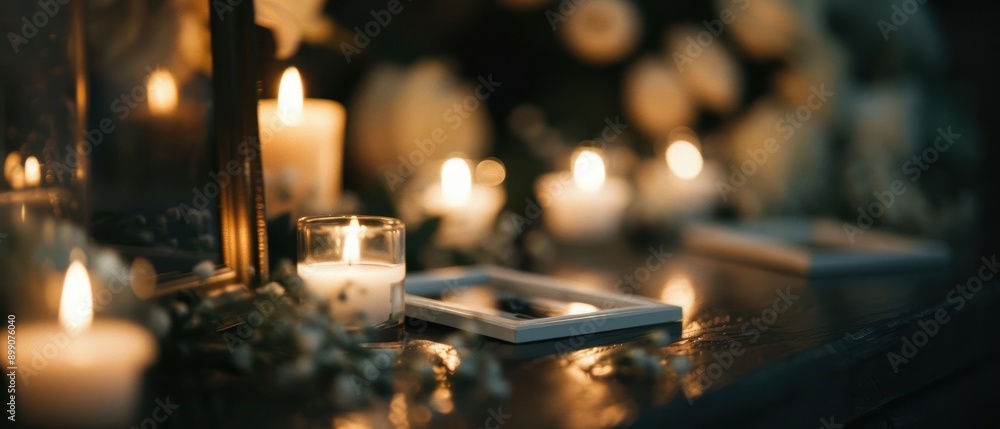 Close up of lit candles on a table with blurred background Close up of lit candles on a table with blurred background