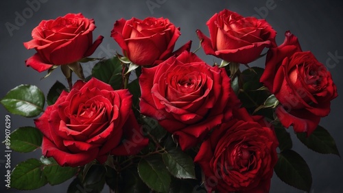 A beautiful bouquet of blooming red roses, showcasing vibrant petals and lush green leaves in full bloom.