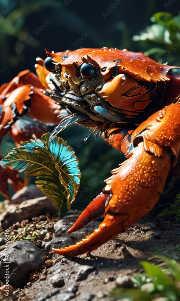 Closeup of a red crab in a tropical jungle. Closeup of a red crab in a tropical jungle.