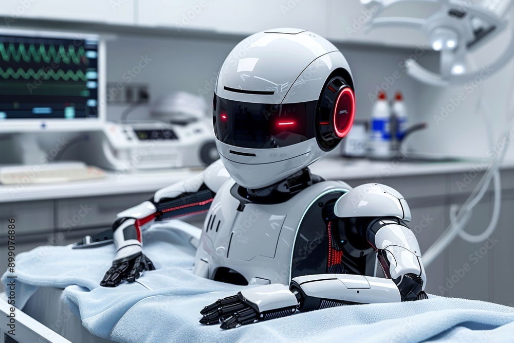 Medical robot in a futuristic hospital room perfect for advanced healthcare and high tech themes showcasing modern technology and innovative design Medical robot in a futuristic hospital room perfect for advanced healthcare and high tech themes showcasing modern technology and innovative design