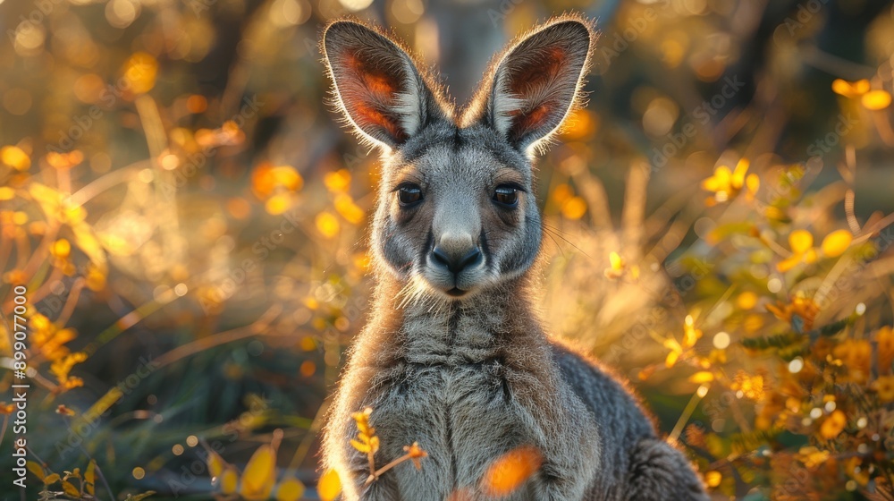 Fototapeta premium Wild kangaroo is standing in a field of yellow flowers with the setting sun creating a warm glow