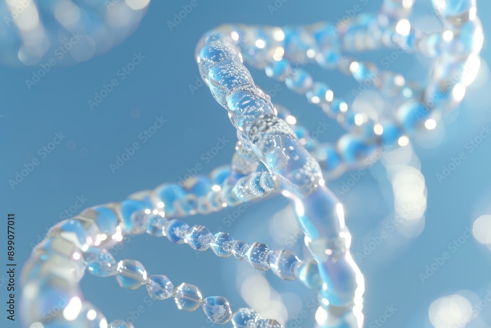 A closeup view of a DNA helix against a light blue background A closeup view of a DNA helix against a light blue background