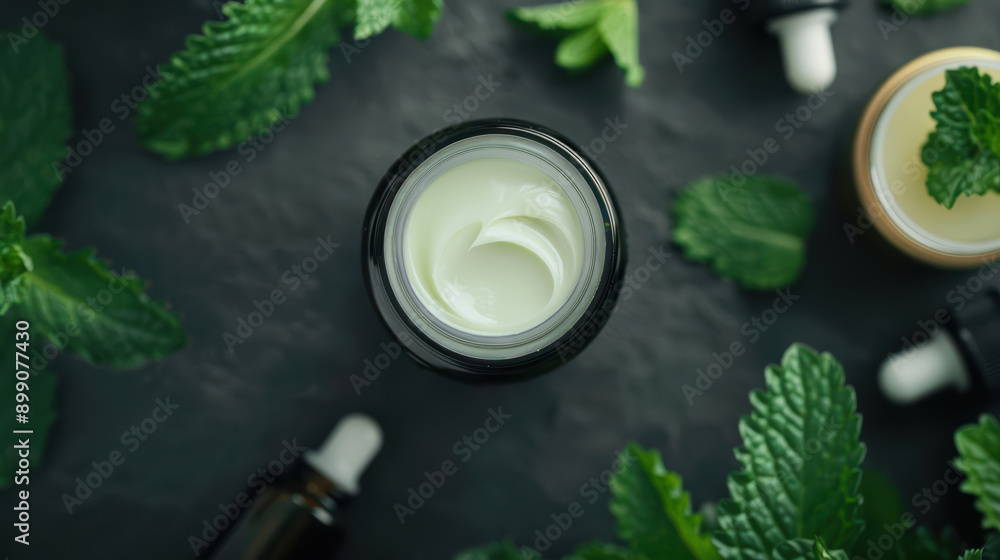 Top view of a jar of mint-infused cream with fresh mint leaves and essential oil bottles on a dark background. Top view of a jar of mint-infused cream with fresh mint leaves and essential oil bottles on a dark background.