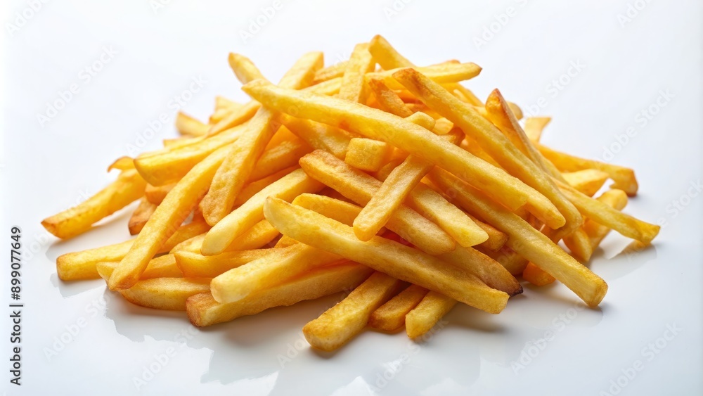 Golden crispy french fries scattering elegantly on a pristine white background, enticingly illuminated with soft, diffused natural light. Golden crispy french fries scattering elegantly on a pristine white background, enticingly illuminated with soft, diffused natural light.