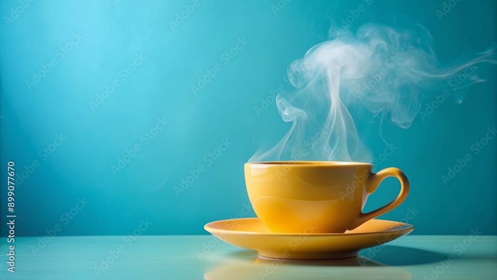 Vibrant yellow hot cup of steaming coffee isolated on soft pastel blue background, surrounded by rising smoke, with ample copy space. Vibrant yellow hot cup of steaming coffee isolated on soft pastel blue background, surrounded by rising smoke, with ample copy space.