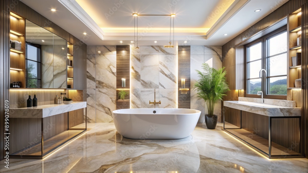 Elegant modern bathroom features sleek freestanding tub, marble flooring, and walls adorned with luxurious LED lighting fixtures. Elegant modern bathroom features sleek freestanding tub, marble flooring, and walls adorned with luxurious LED lighting fixtures.