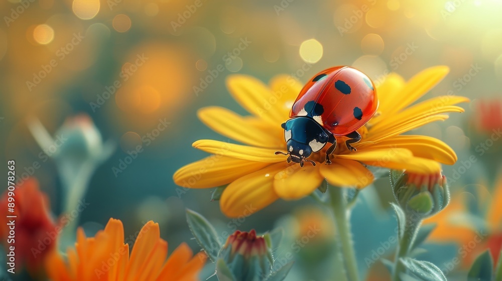 Ladybug is standing on a bright yellow flower in a garden, enjoying the warm sunshine and vibrant colors of nature Ladybug is standing on a bright yellow flower in a garden, enjoying the warm sunshine and vibrant colors of nature