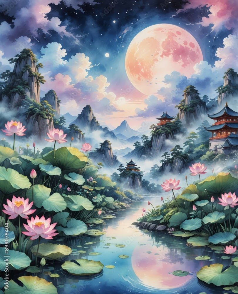 A serene Asian style illustration with foggy mountains and trees. A serene Asian style illustration with foggy mountains and trees.