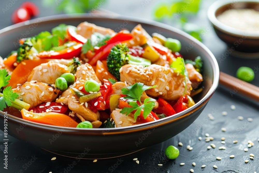 Chicken and Vegetable Stir-Fry in a Black Bowl Chicken and Vegetable Stir-Fry in a Black Bowl