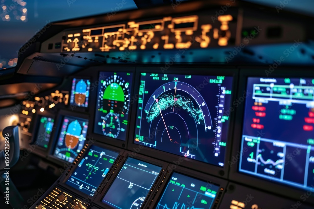 Obraz premium Cockpit View with Radar Display and Flight Instruments