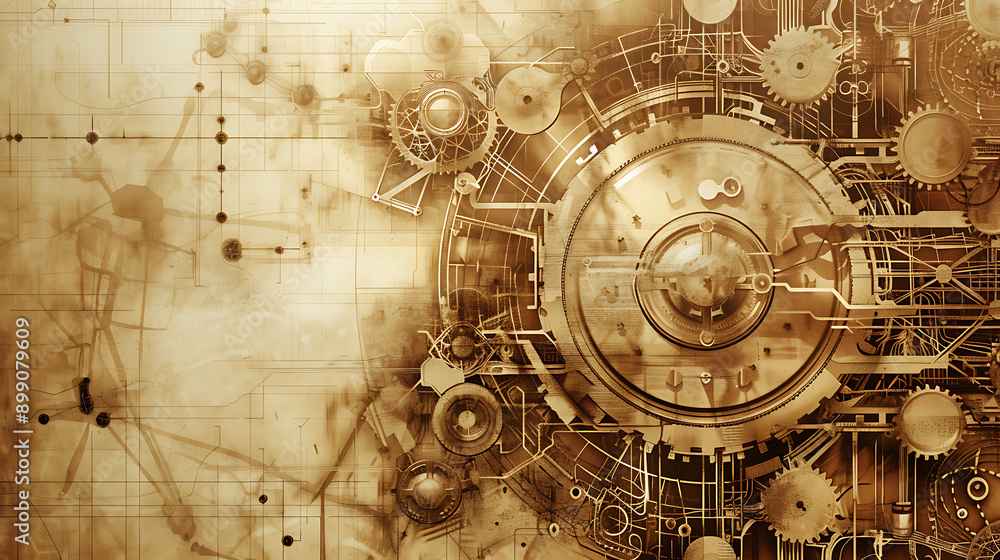 Fototapeta premium Intricate steampunk design featuring mechanical gears and circuitry in a sepia tone, creating a vintage and industrial aesthetic.