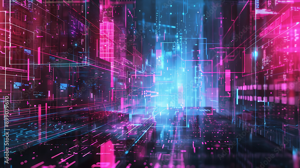 Fototapeta premium Abstract illustration of a futuristic digital grid with vibrant neon pink and blue lights, representing advanced technology and data flow.