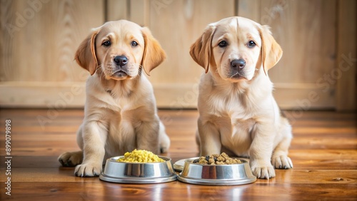 Adorable golden and labrador retriever puppies sit beside a bowl of dog food on a clean wooden floor. photo