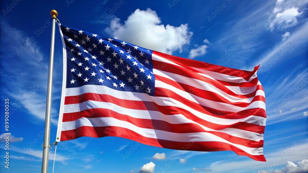 Vibrant American flag waves dynamically in the wind against a brilliant blue sky, showcasing iconic red white and blue colors. Vibrant American flag waves dynamically in the wind against a brilliant blue sky, showcasing iconic red white and blue colors.
