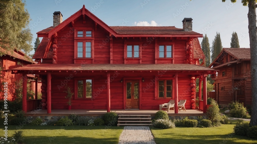 This lovely image features a charming red wooden house with a front porch and a well-maintained garden, epitomizing rustic comfort. This lovely image features a charming red wooden house with a front porch and a well-maintained garden, epitomizing rustic comfort.