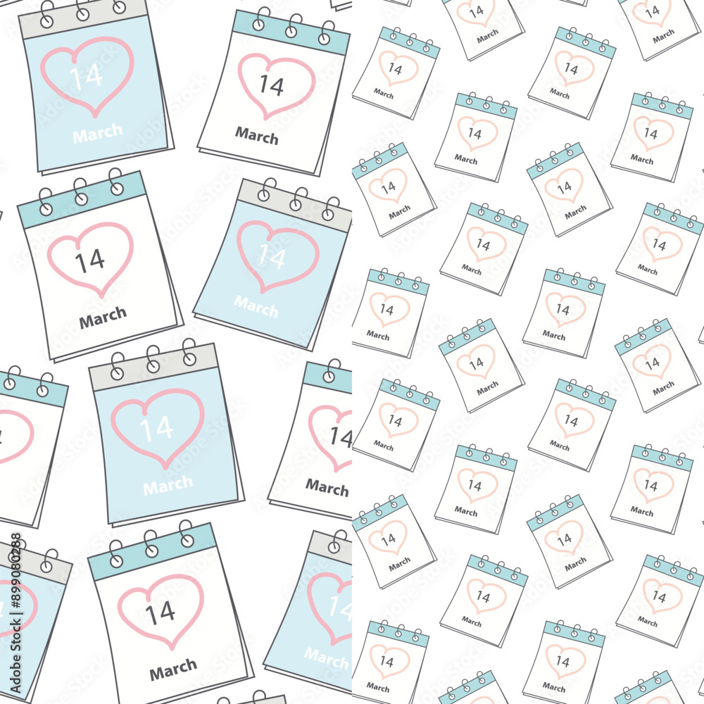 Seamless patterns calendar pages with White Day date March 14 and heart shaped stroke. Set of 2 Seamless patterns calendar pages with White Day date March 14 and heart shaped stroke. Set of 2