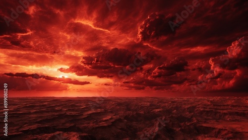 This striking image shows a dramatic red sky over a rugged landscape during sunset, symbolizing awe and the power of nature.