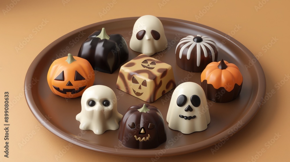 A 3D-rendered selection of Halloween-themed chocolates shaped like skulls, ghosts, and pumpkins, displayed on a festive platter A 3D-rendered selection of Halloween-themed chocolates shaped like skulls, ghosts, and pumpkins, displayed on a festive platter