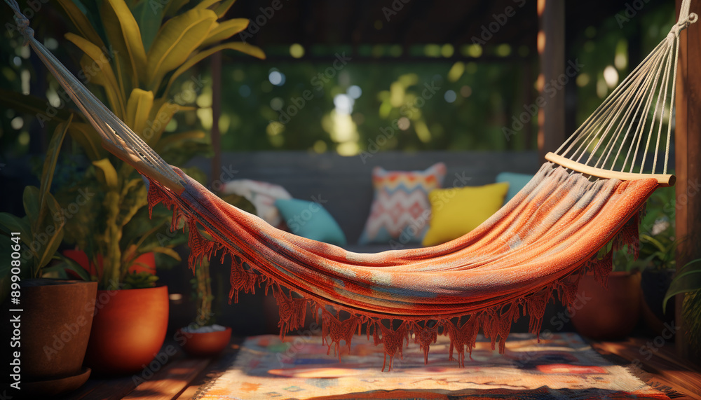 Fototapeta premium Cozy bohemian backyard hammock and rugs with empty frame with empty frame