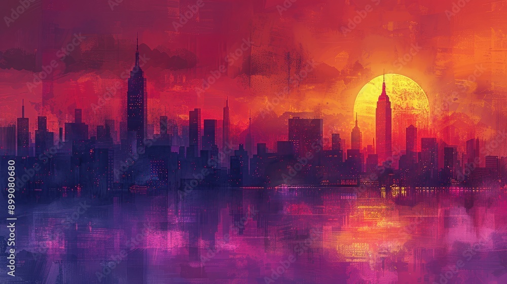 Digital illustration of a bustling city skyline in vibrant risograph style, showcasing grainy color fades and exaggerated urban details Digital illustration of a bustling city skyline in vibrant risograph style, showcasing grainy color fades and exaggerated urban details
