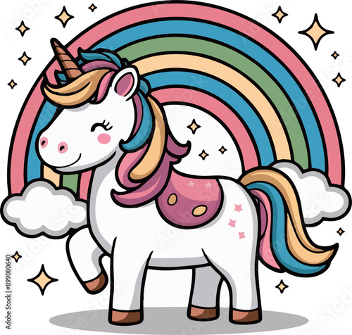 vector Magical cute unicorn and rainbow illustration isolated on white background