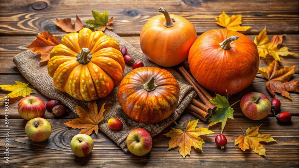 Vibrant orange pumpkins, fresh apples, dry yellow oak leaves, acorns, and warm spices adorn a rustic wooden table, evoking autumnal coziness. Vibrant orange pumpkins, fresh apples, dry yellow oak leaves, acorns, and warm spices adorn a rustic wooden table, evoking autumnal coziness.