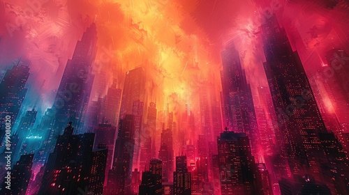 Futuristic cityscape in risograph style  showcasing towering buildings and neon lights with grainy textures and bold colors