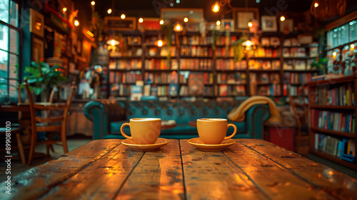 Two yellow cups of coffee or tea on table in a bookshop in vintage style. 
 photo