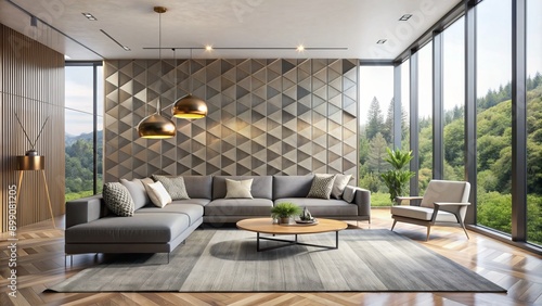 Sleek minimalist modern living room with floor-to-ceiling windows, low-profile furniture, and abstract geometric patterns on walls and rug. © DigitalArt Max