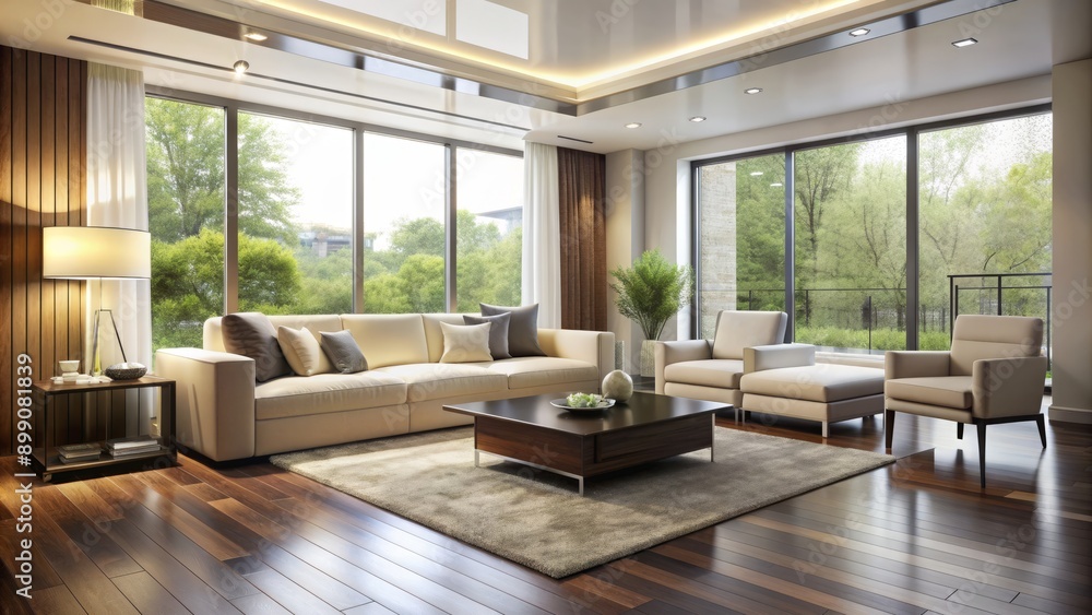 Sleek, modern, vacant living room with cream-colored walls, dark hardwood floors, and tasteful, minimalist furnishings under abundant natural light. Sleek, modern, vacant living room with cream-colored walls, dark hardwood floors, and tasteful, minimalist furnishings under abundant natural light.