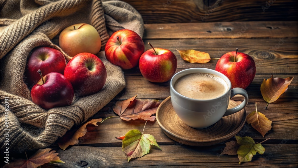 Cozy autumn still life featuring a warmly wrapped latte mug surrounded by fresh red apples on a rustic wooden table top. Cozy autumn still life featuring a warmly wrapped latte mug surrounded by fresh red apples on a rustic wooden table top.