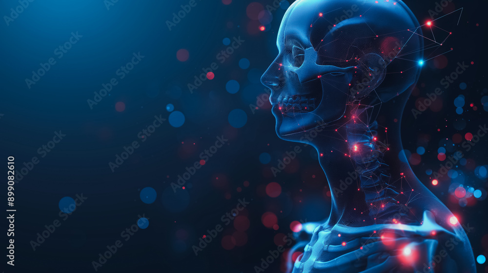 A skeleton is shown in a blue background with red and blue lines A skeleton is shown in a blue background with red and blue lines
