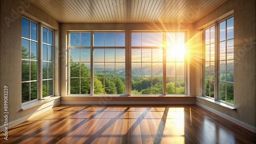 Room with sunlight streaming in through a large window in the morning   sunlit  cozy  interior  home  peaceful  tranquil  fresh