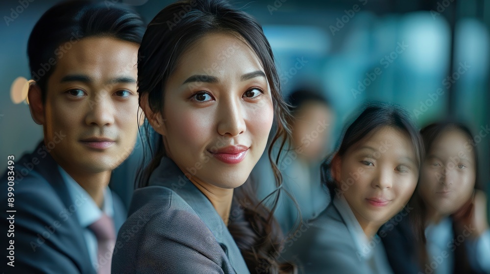 Group portrait of people, close-up of people, real people, people talking, in a scene, people in suits, smug, Chinese people, Chinese partners, real, modern, young people, camera view - generative ai Group portrait of people, close-up of people, real people, people talking, in a scene, people in suits, smug, Chinese people, Chinese partners, real, modern, young people, camera view - generative ai