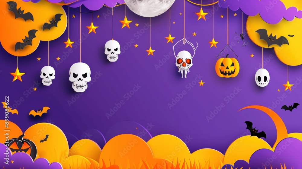 A Halloween background showing solid purple overlay covered with common icons like bats, skulls, and pumpkins A Halloween background showing solid purple overlay covered with common icons like bats, skulls, and pumpkins