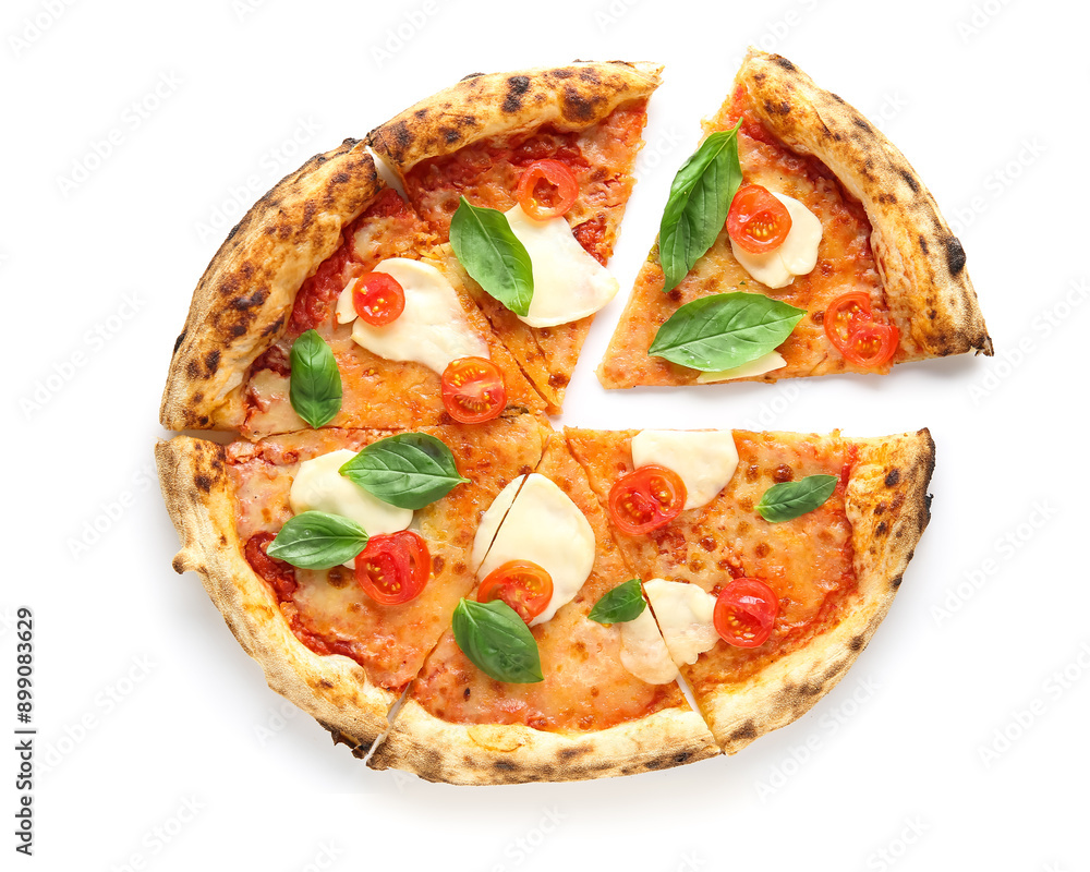 Cut tasty pizza Margarita with basil leaves on white background Cut tasty pizza Margarita with basil leaves on white background