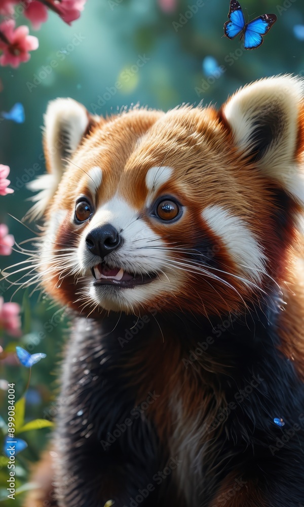 Fototapeta premium Red Panda Close Up Portrait with Butterflies.