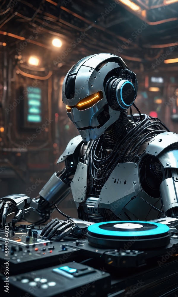 Fototapeta premium Robot DJ Mixing Music on Turntables.