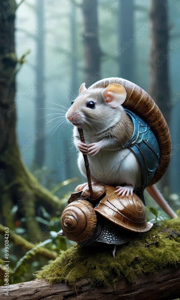 Fototapeta premium Mouse Riding Snail in a Forest.