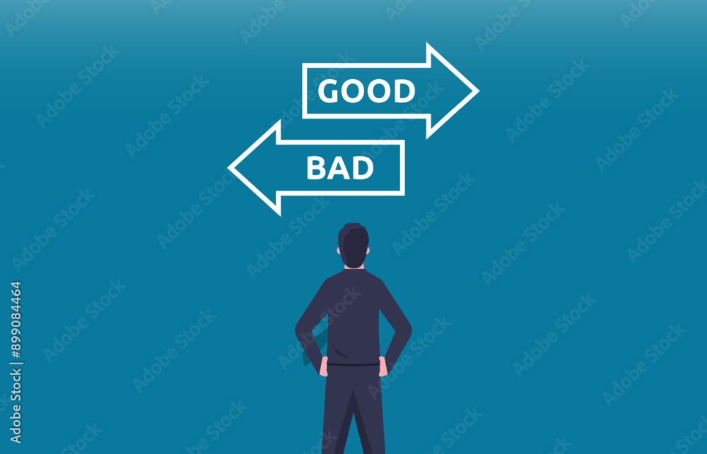 Good or bad choice concept with businessman and arrows in opposite direction. Good or bad choice concept with businessman and arrows in opposite direction.