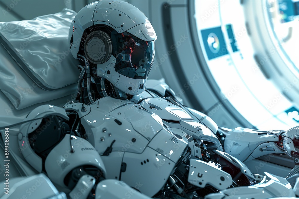 Futuristic robot lying in a high tech medical bed perfect for advanced healthcare and technology themes showcasing modern design Futuristic robot lying in a high tech medical bed perfect for advanced healthcare and technology themes showcasing modern design