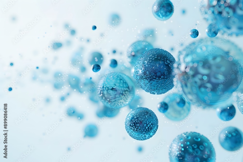 A cluster of blue spheres suspended in a light blue mist A cluster of blue spheres suspended in a light blue mist
